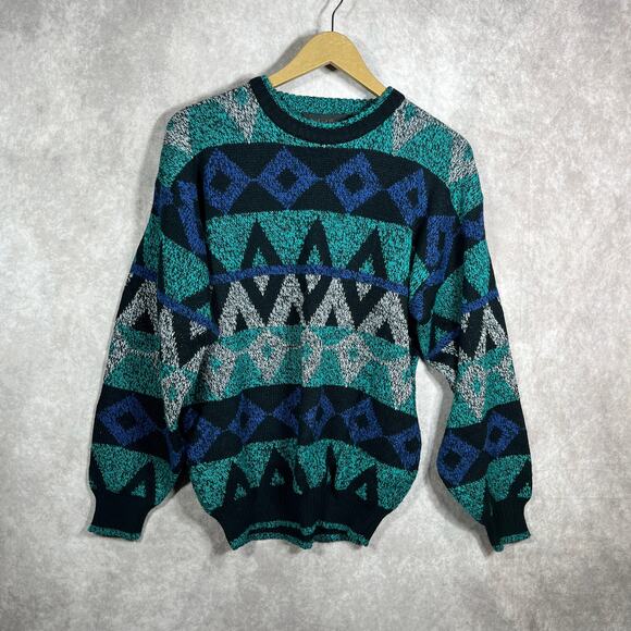 Vintage Michael Gerald‎ Sweater Boy XL 20 Green Black Knit Geometric Cosby Coogi - Picture 1 of 8